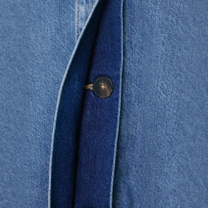 Women's cropped Boxy denim jacket with high wrap or stand collar and concealed button placket Mune Fashion