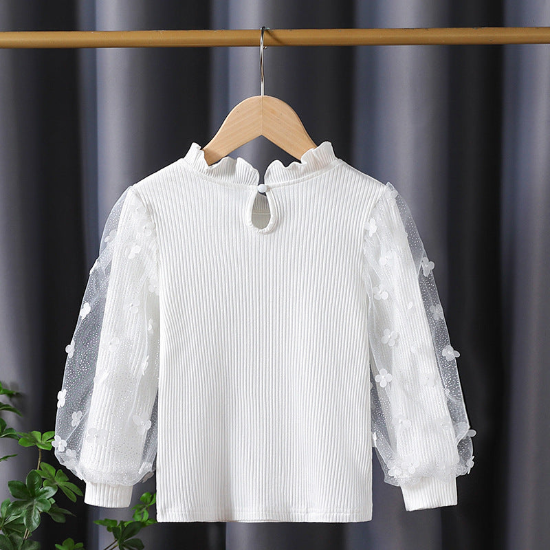 Girl ruffled blouse with floral appliqués and transparent sleeves Mune Fashion