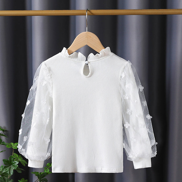 Girl ruffled blouse with floral appliqués and transparent sleeves Mune Fashion