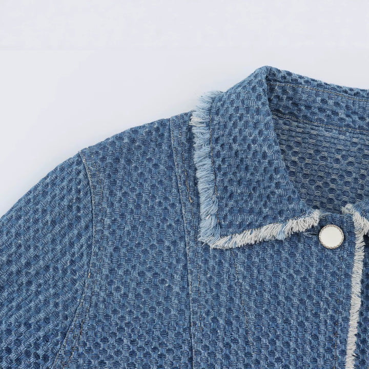Women's Short Cut Boucle Tweed Boxy Jacket with Fringe Trim and Applied Flap Pockets Drune
