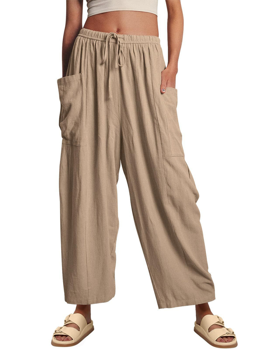 Women's wide palazzo pants made from a lightweight linen blend with drawstring and side pocket Mune Fashion