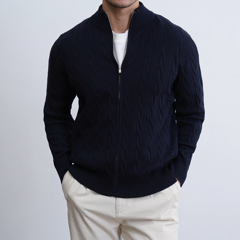 Men's Fine Cable Knit Half-Zip Cardigan with Ribbed Collar and Silver Zipper Mune Fashion