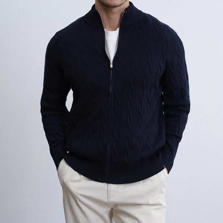 Men's Fine Cable Knit Half-Zip Cardigan with Ribbed Collar and Silver Zipper Mune Fashion