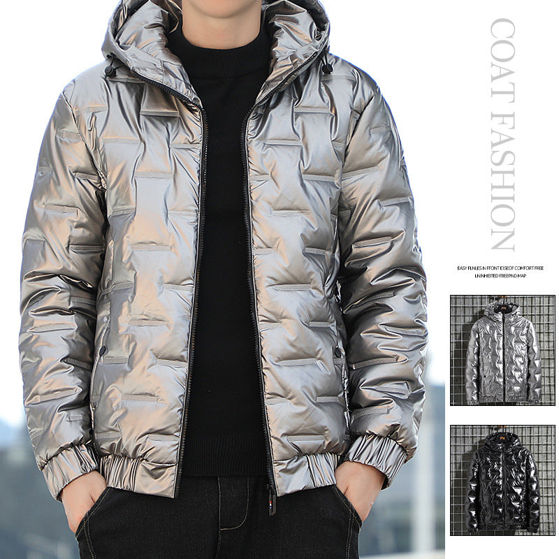 Men's Lightweight Quilted Hooded Puffer Jacket with Shiny Surface and Elastic Cuffs Mune Fashion