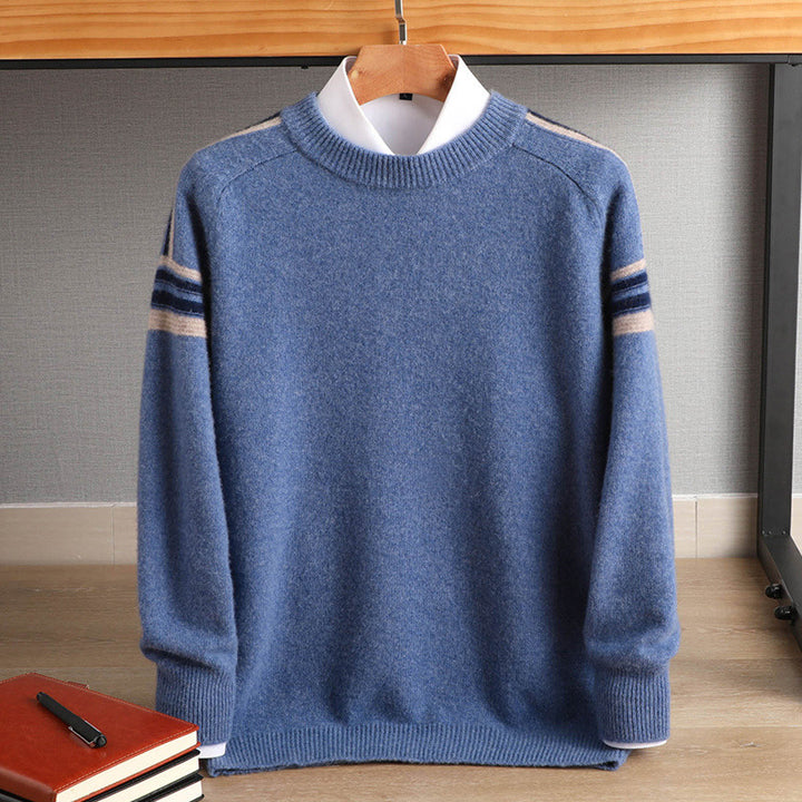 Men's Cashmere-Look Round Neck Sweater with Contrast Stripes on Shoulders and Relaxed Fit Mune Fashion