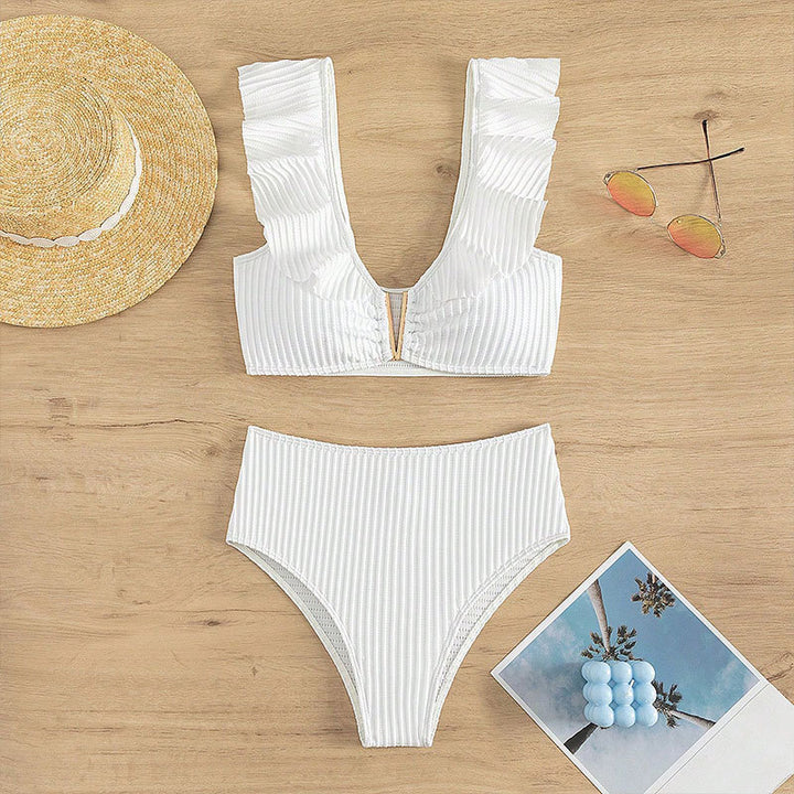 Ladies high-waisted bikini set with ruffle details and gold accents Mune Fashion