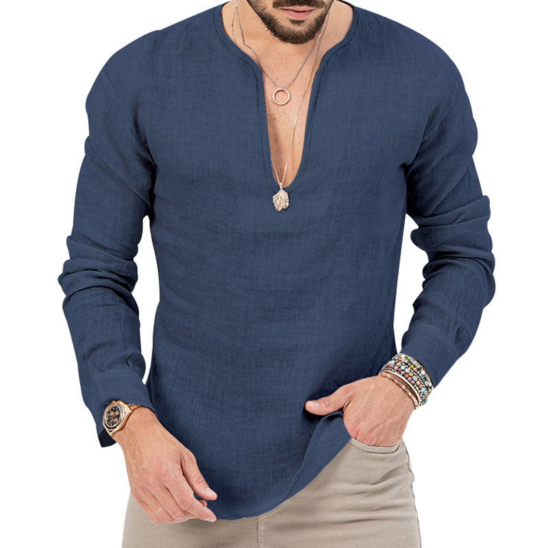 Men's relaxed linen tunic shirt with open slit collar and rounded hem Mune Fashion