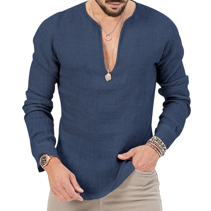 Men's relaxed linen tunic shirt with open slit collar and rounded hem Mune Fashion