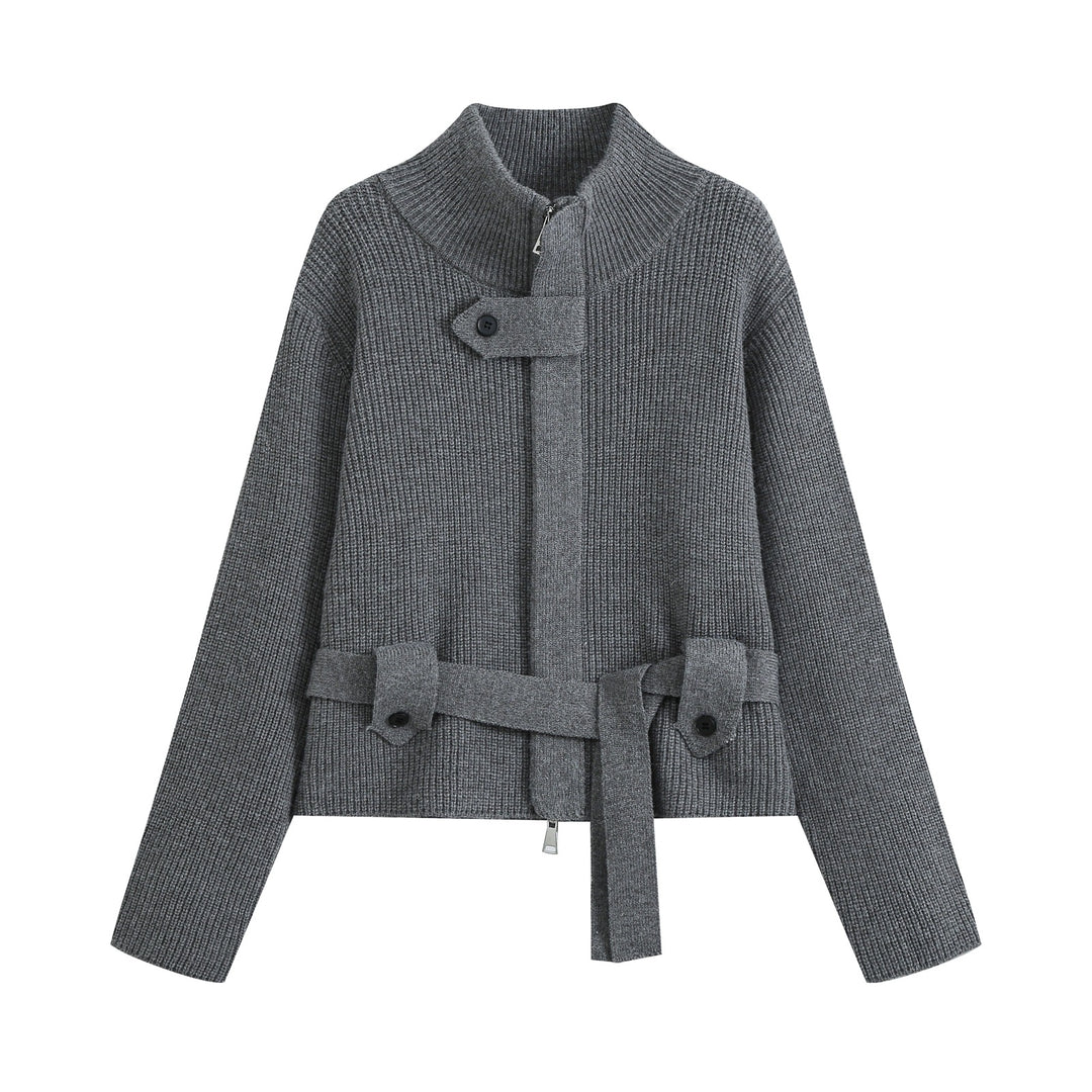 Women's cardigan with stand collar, zipper and waist tie belt Mune Fashion