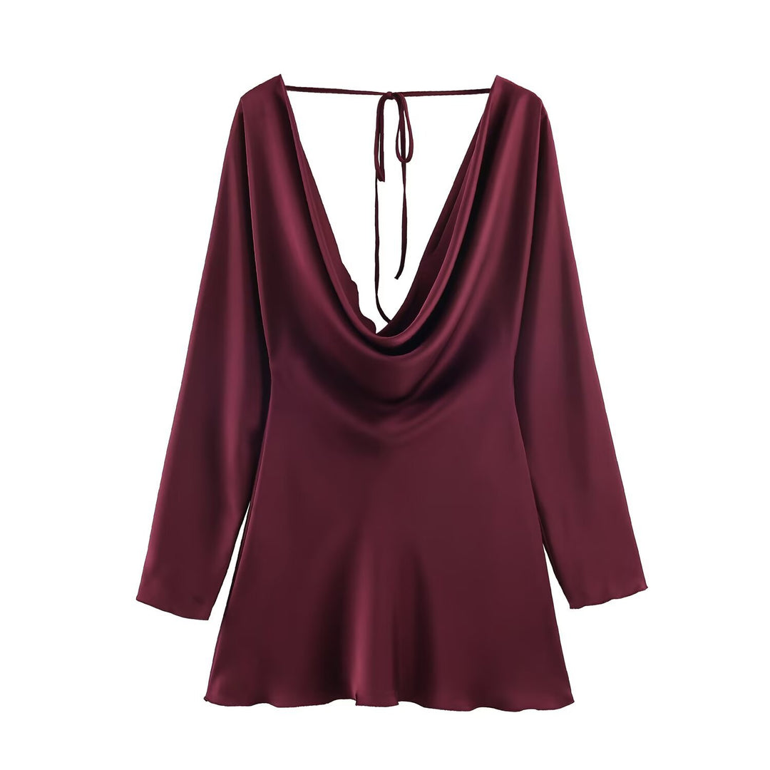Women's Short Satin Mini Dress with Deep Waterfall Back, V-Neck Front, and Long Sleeves Mune Fashion