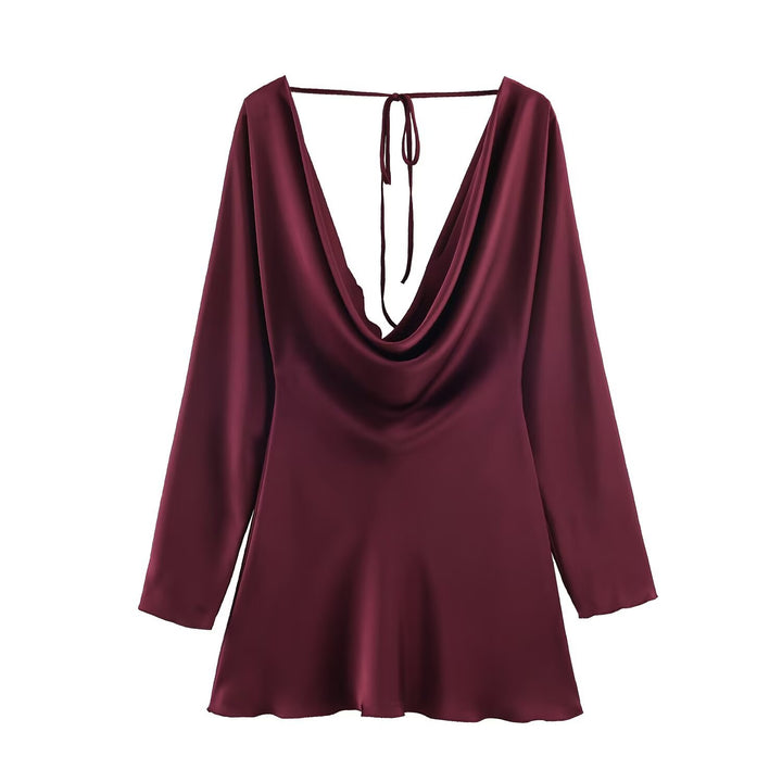 Women's Short Satin Mini Dress with Deep Waterfall Back, V-Neck Front, and Long Sleeves Mune Fashion