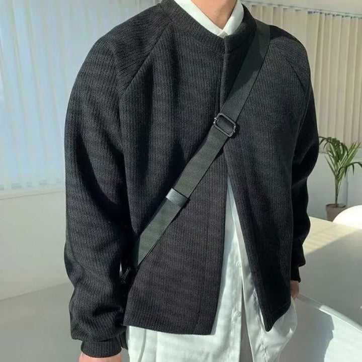 Men's Collarless Boxy Ribbed Knit Cardigan with Concealed Snap Placket Mune Fashion