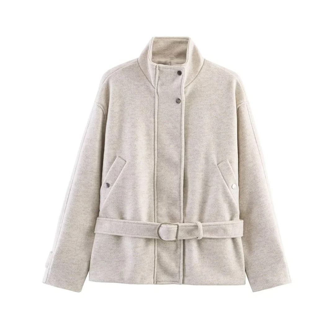 Women's tailored short jacket in wool blend with stand-up collar, snap button placket, and tie belt Mune Fashion