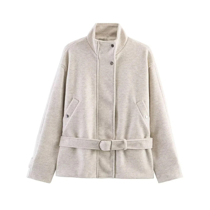 Women's tailored short jacket in wool blend with stand-up collar, snap button placket, and tie belt Mune Fashion