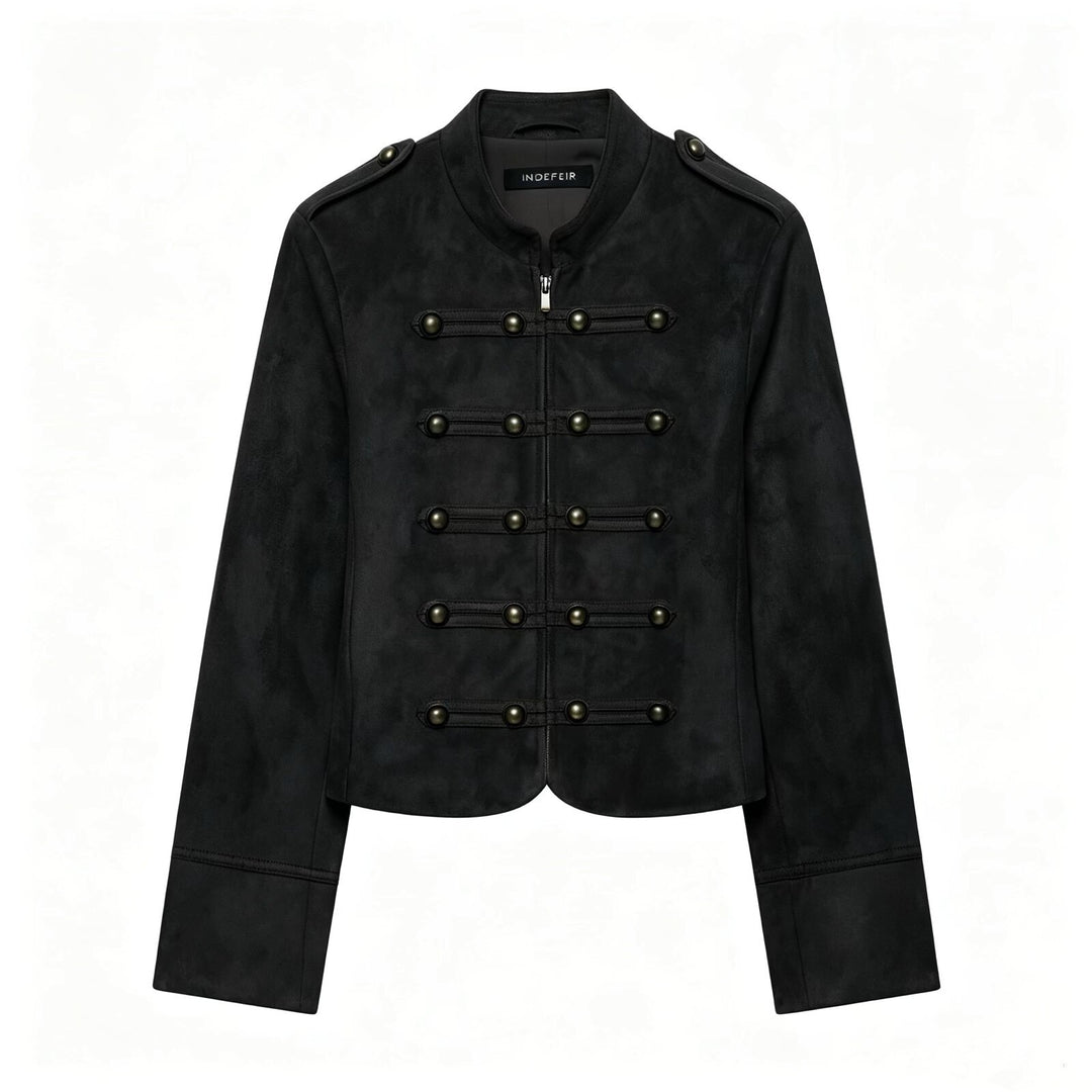 Women’s short military-style jacket made of velour imitation with stand-up collar, epaulettes, and decorative button placket Mune Fashion