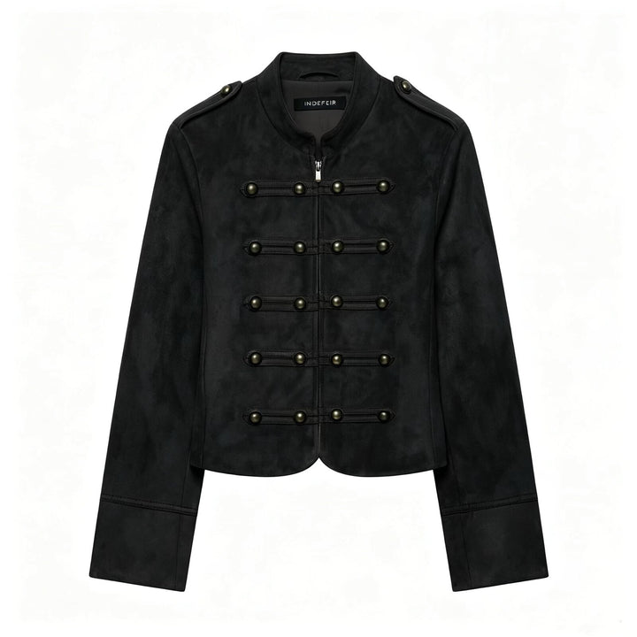 Women’s short military-style jacket made of velour imitation with stand-up collar, epaulettes, and decorative button placket Mune Fashion