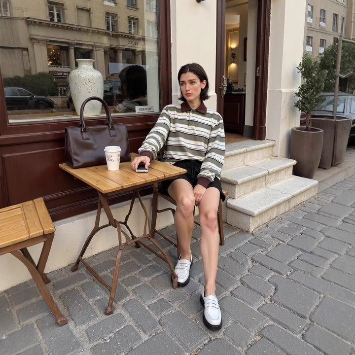 Men's Long-Sleeve Polo Shirt in Retro Stripe Pattern with Ribbed Cuffs and Button Placket Mune Fashion