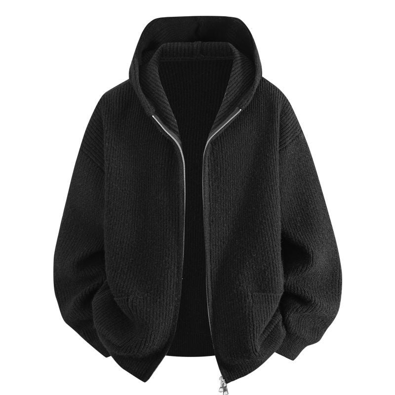 Women's Cozy Oversized Ribbed Knit Hooded Jacket with Two-Way Zipper & Patch Pockets Mune Fashion