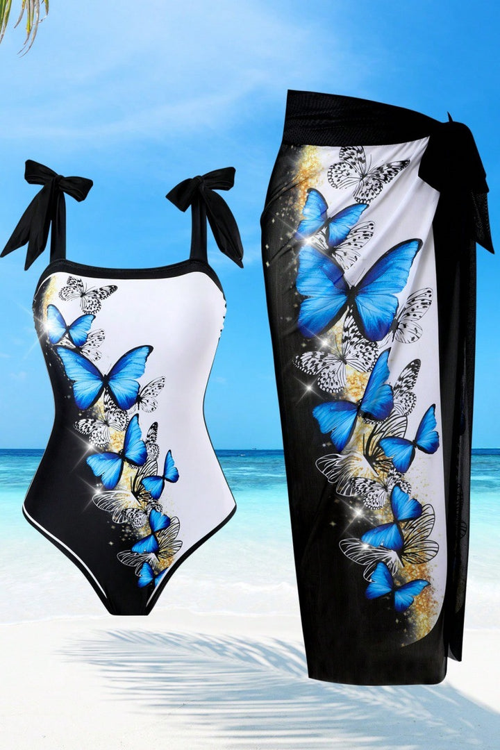Women's One-Piece Swimsuit with Stylish Wrap Skirt and Butterfly Design Mune Fashion