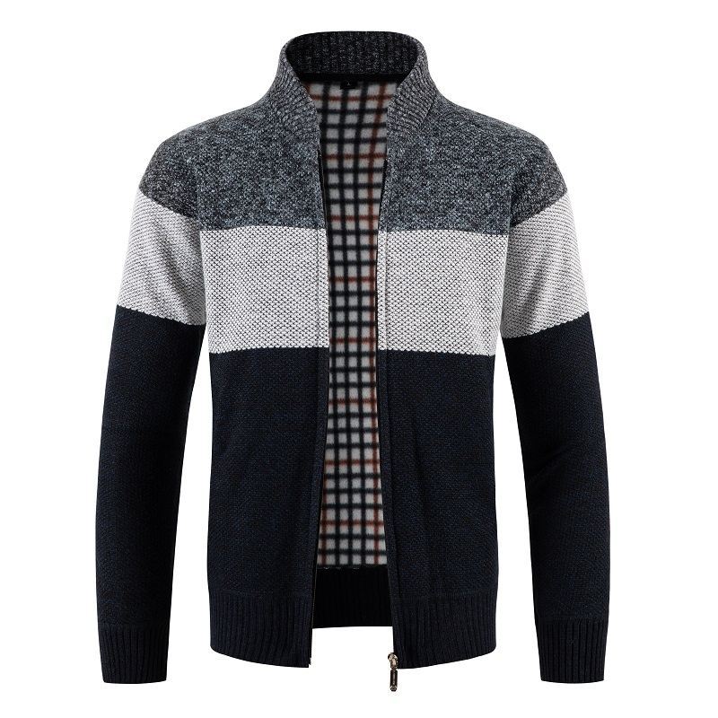 Men's Knitted Zip Cardigan with Stand-Up Collar and Checkered Lining Mune Fashion