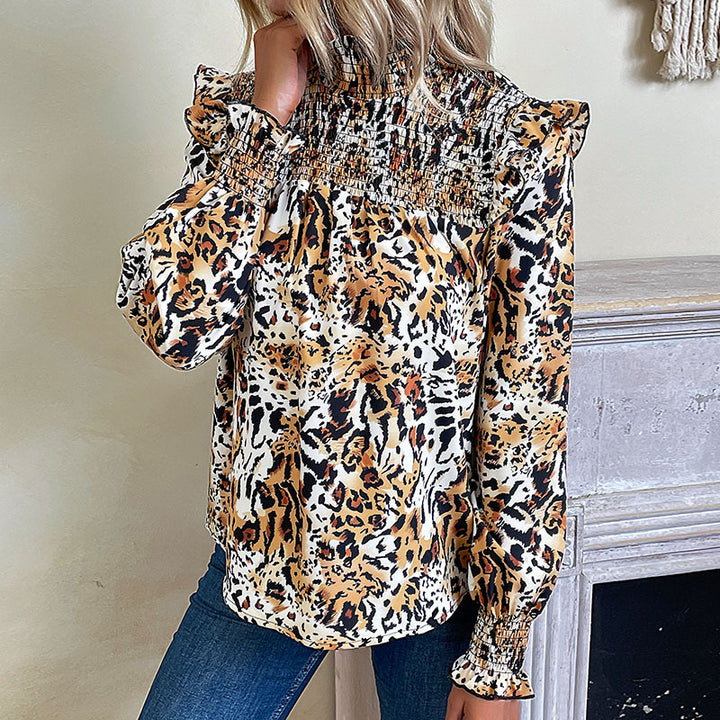 Women's Smocked Blouse with High Collar, Gathered Shoulder Yoke and Animal Print Mune Fashion