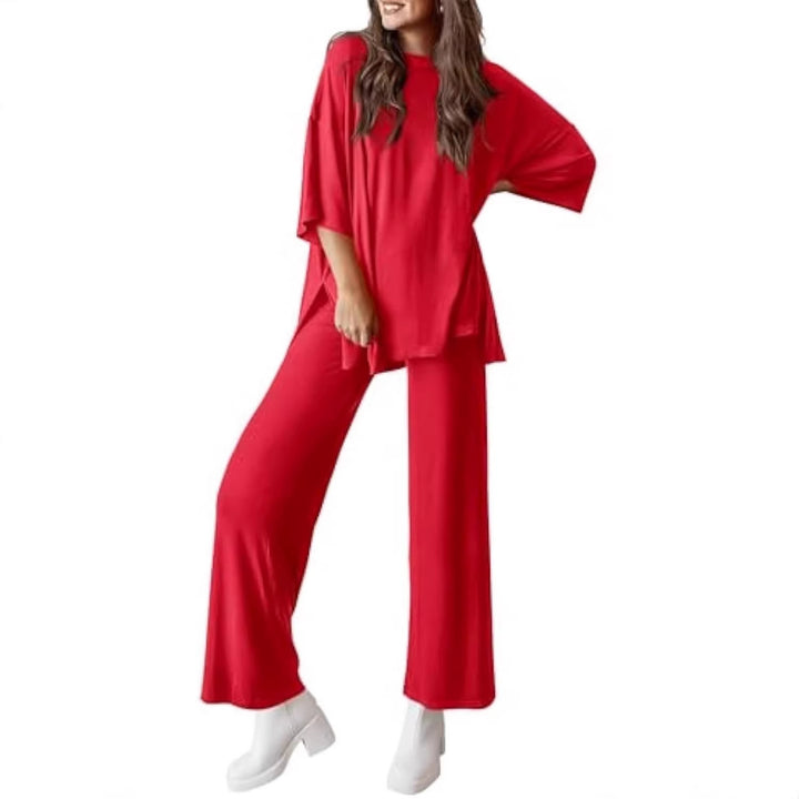 Women's Casual Lounge Set made of Soft Jersey with Oversized Tunic and Wide Palazzo Pants Drune