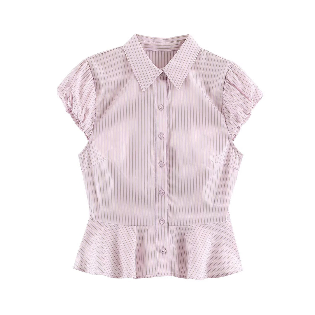 Women's Tailored Short Sleeve Blouse with Peplum, Shirt Collar and Fine Pinstripe Mune Fashion