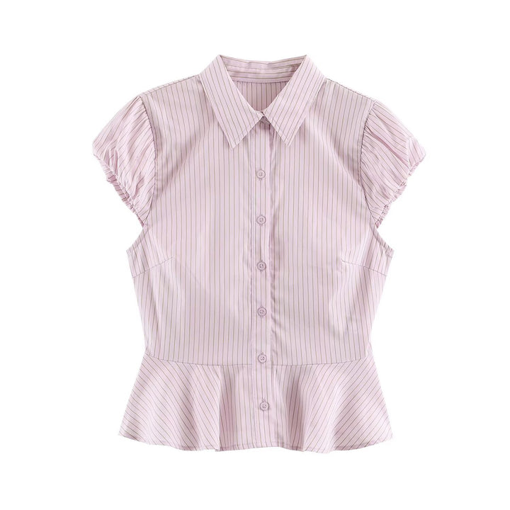 Women's Tailored Short Sleeve Blouse with Peplum, Shirt Collar and Fine Pinstripe Mune Fashion