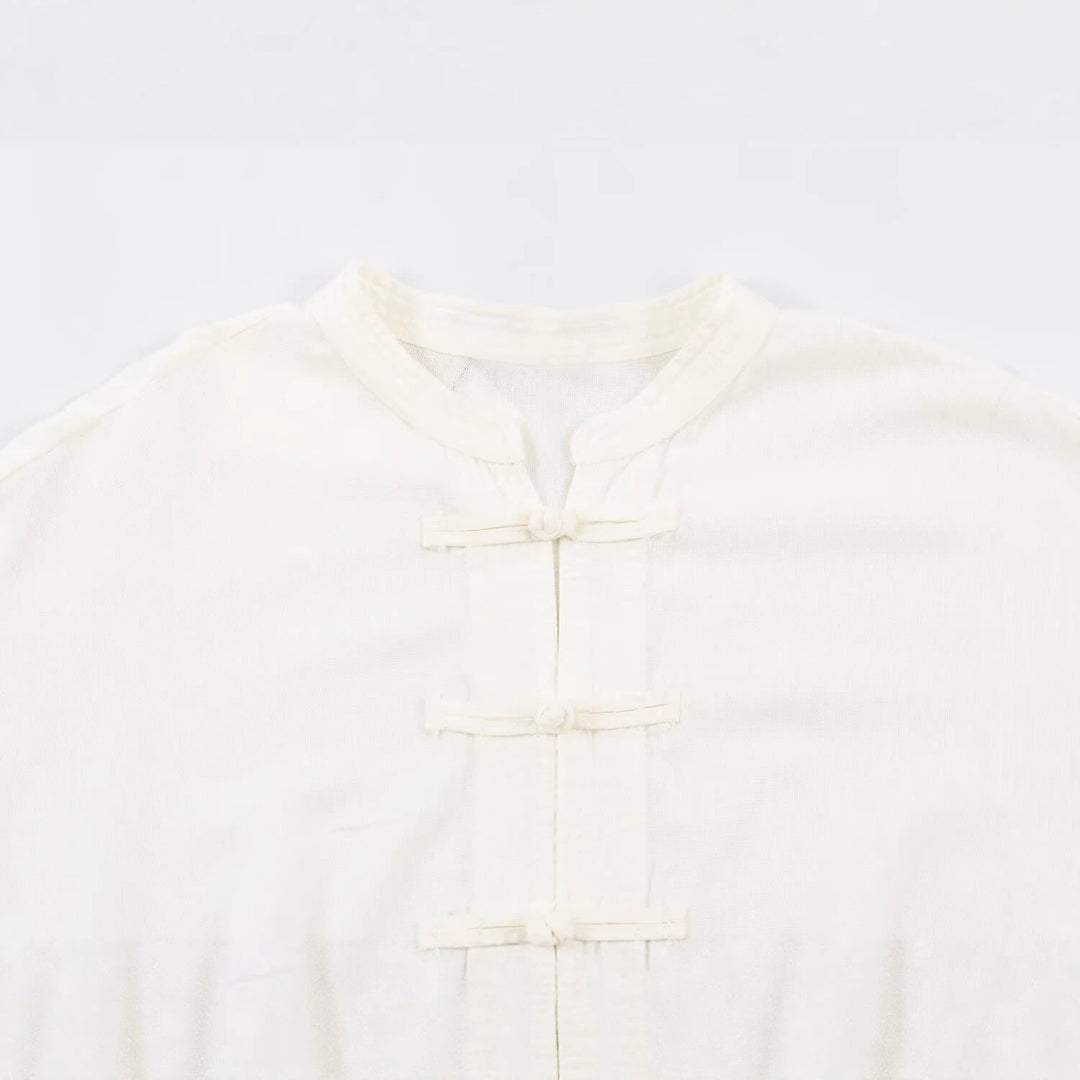 Men's Loose Tunic Shirt with Mandarin Collar and Traditional Knot Closures Mune Fashion