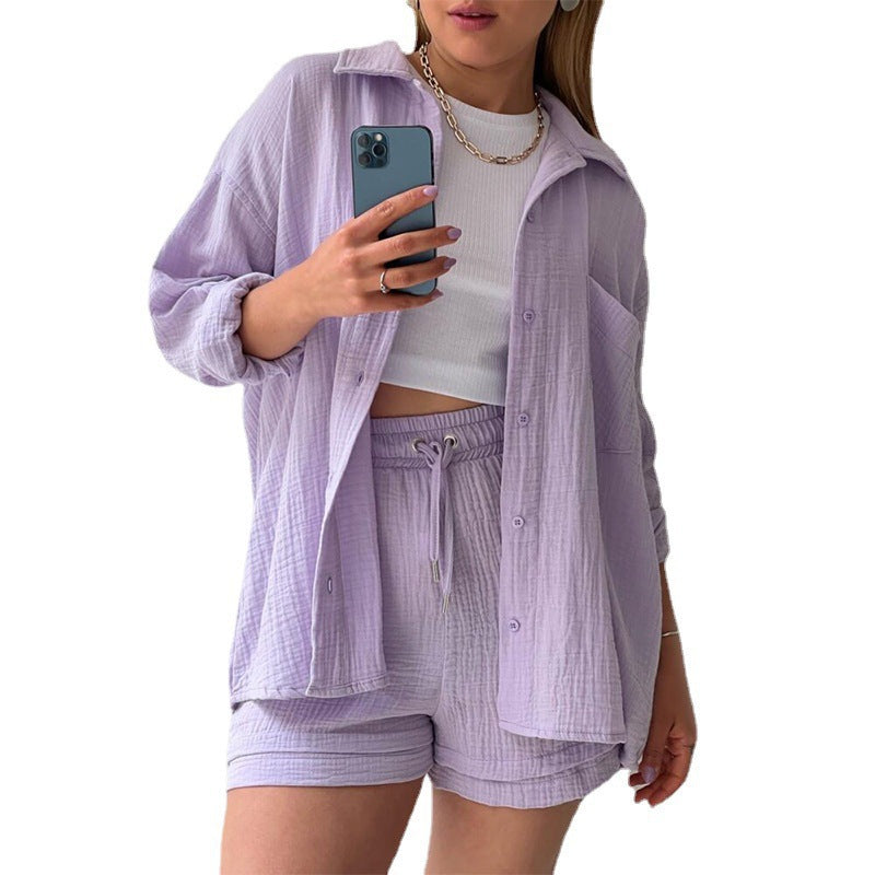 Women's casual oversized shirt and shorts set with chest pocket, drawstring, and brushed cotton texture Mune Fashion