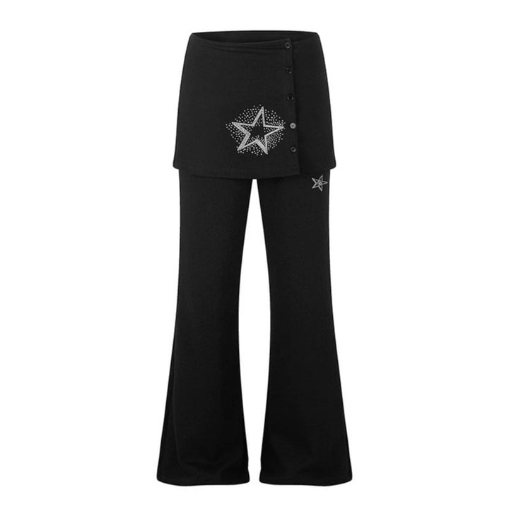 Women's loungewear pants with integrated mini skirt, wide leg, and star rhinestone application Mune Fashion
