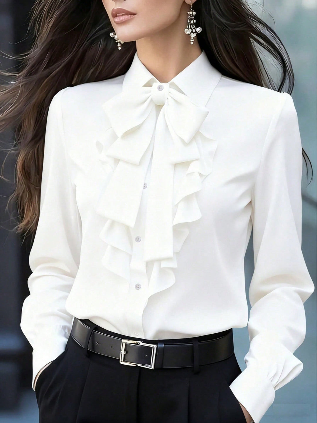 Women's Ruffled Blouse with Bow Collar and Ruffle Front Mune Fashion