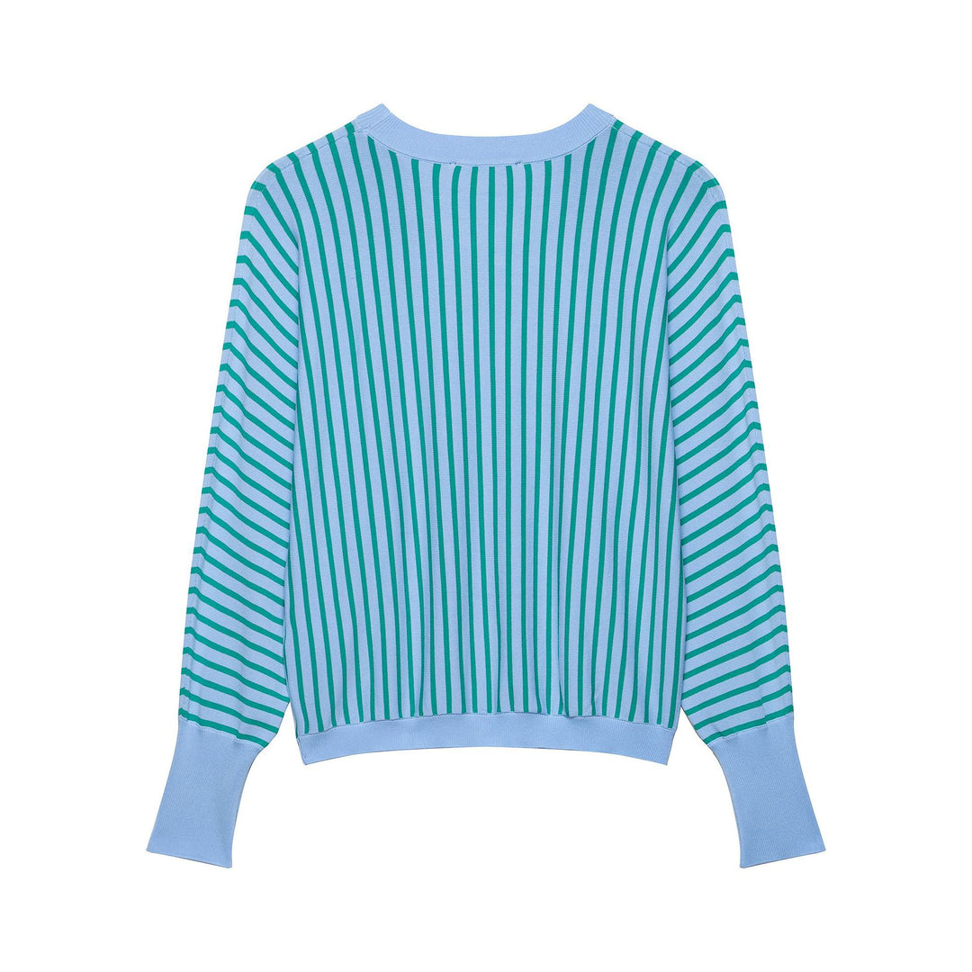 Women's Striped Cropped Fine Knit Sweater with Extended Cuffs Mune Fashion