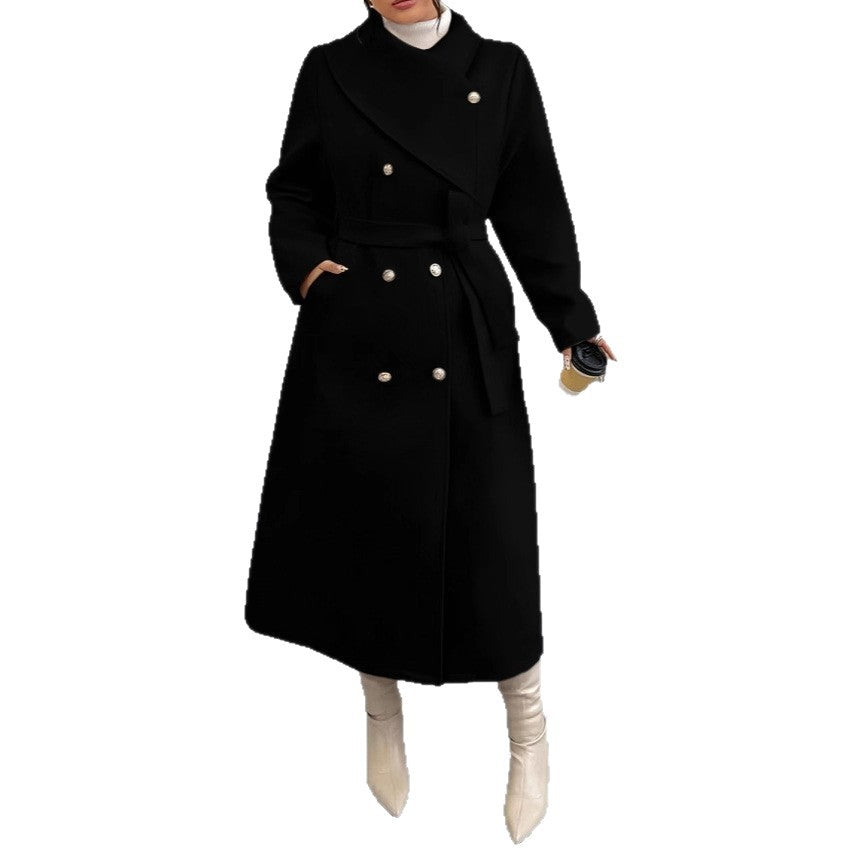 Women's Double-Breasted Wool Blend Coat with Wide Shawl Collar and Tie Belt Mune Fashion