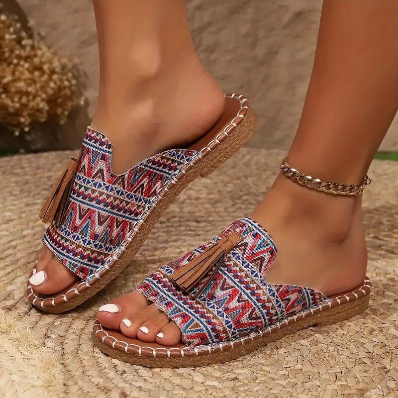 Women's Boho-Ethno-Tassel-Slides with Braided Sole and Padded Insole Mune Fashion