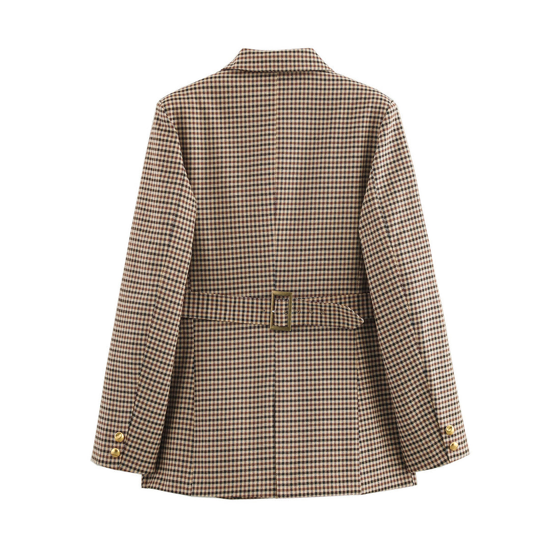 Women's narrow-cut long blazer in houndstooth pattern with gold decorative buttons and welt pockets Mune Fashion