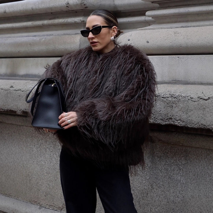 Ladies short jacket made of long-pile shaggy faux fur with hidden snap button placket Mune Fashion
