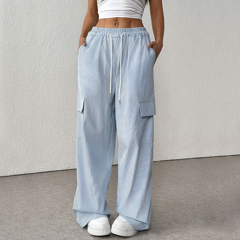 Women's Striped Wide Cargo Pants with High Elastic Waistband and Drawstring Mune Fashion