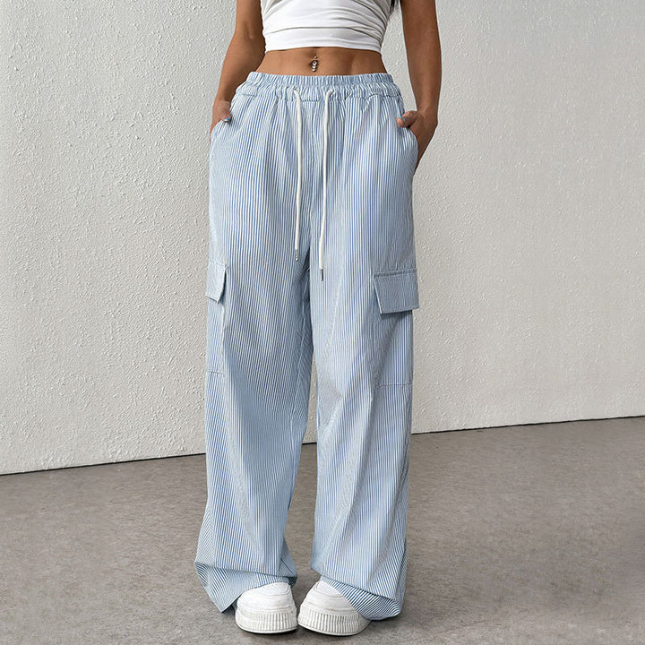 Women's Striped Wide Cargo Pants with High Elastic Waistband and Drawstring Mune Fashion