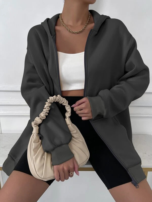 Women's oversized zip hoodie with extended back hem, concealed zipper and kangaroo pockets Mune Fashion