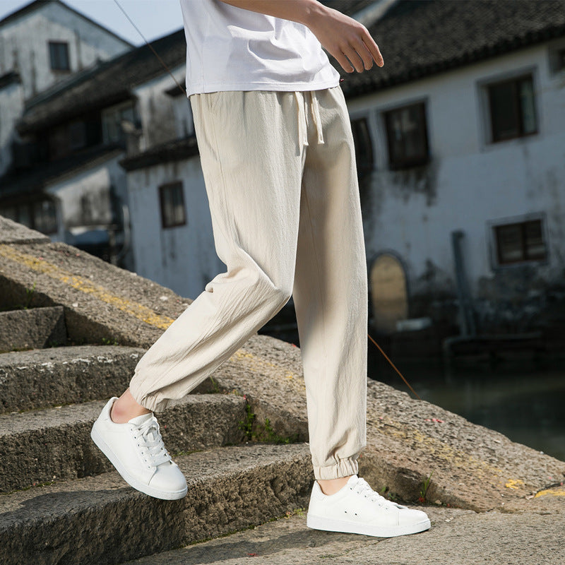 Men's Nan Tapered Linen-Cotton Joggers with Drawstring, Elastic Ankle Cuffs and Slim Silhouette Mune Fashion