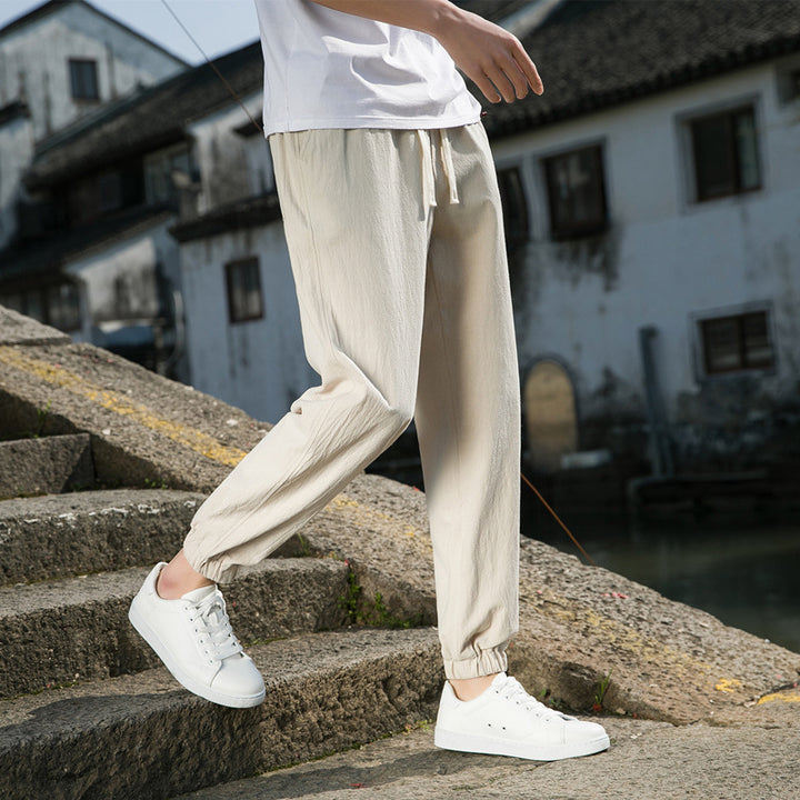 Men's Nan Tapered Linen-Cotton Joggers with Drawstring, Elastic Ankle Cuffs and Slim Silhouette Mune Fashion