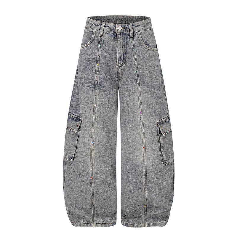 Women's Extra Wide Cargo Palazzo Jeans with High Waist, Patch Pockets, and Rhinestone Trim Mune Fashion