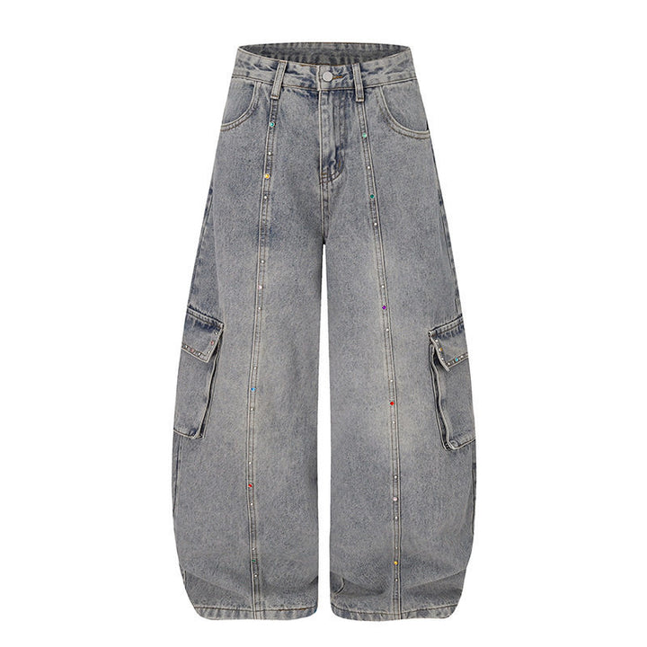 Women's Extra Wide Cargo Palazzo Jeans with High Waist, Patch Pockets, and Rhinestone Trim Mune Fashion