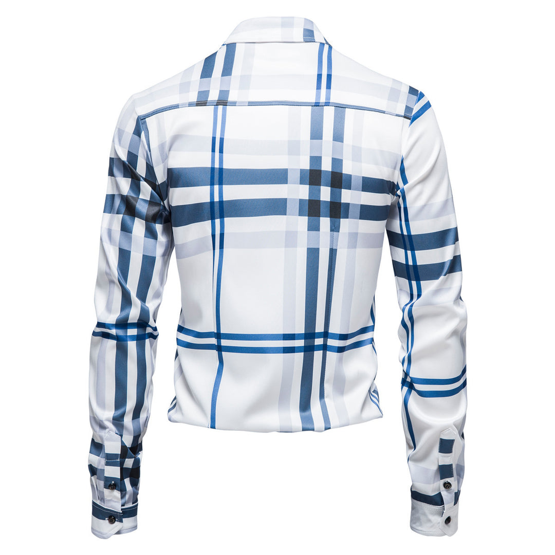 Men's Checkered Slim-Fit Business Shirt with Shark Collar and Fine Shine Mune Fashion