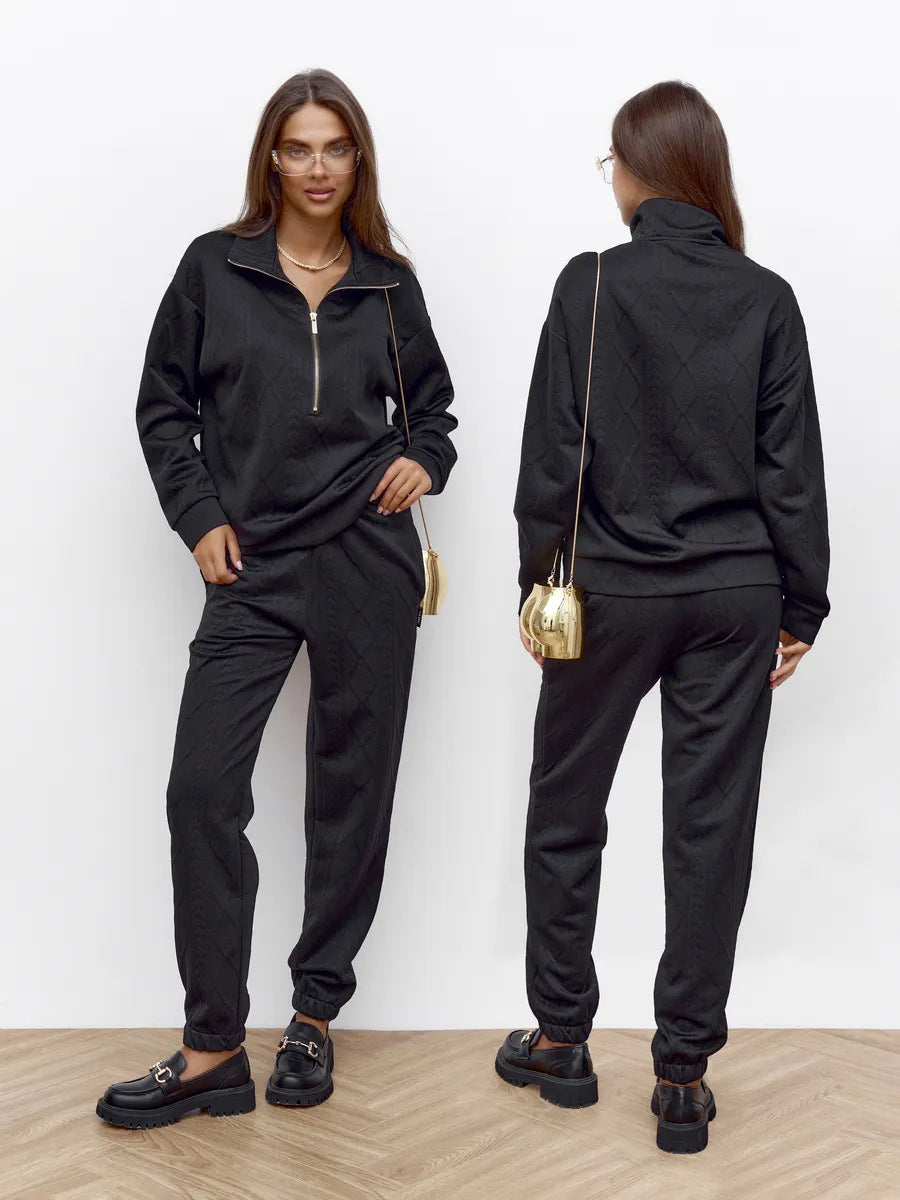 Women's Cable Knit Lounge Set with Half Zipper and High-Waisted Jogging Pants Mune Fashion
