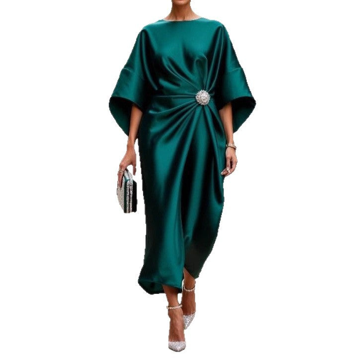 Women's elegant satin kaftan midi dress with kimono sleeves, side draping, and decorative brooch Mune Fashion