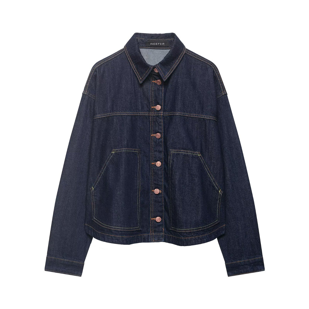 Women's Boxy Cropped Denim Work Jacket with Large Applied Front Pockets Mune Fashion