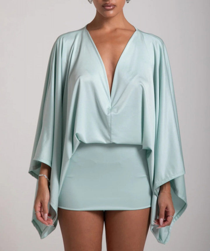 Women nan cape mini dress with deep V-neck, batwing sleeves and tailored mini skirt Mune Fashion