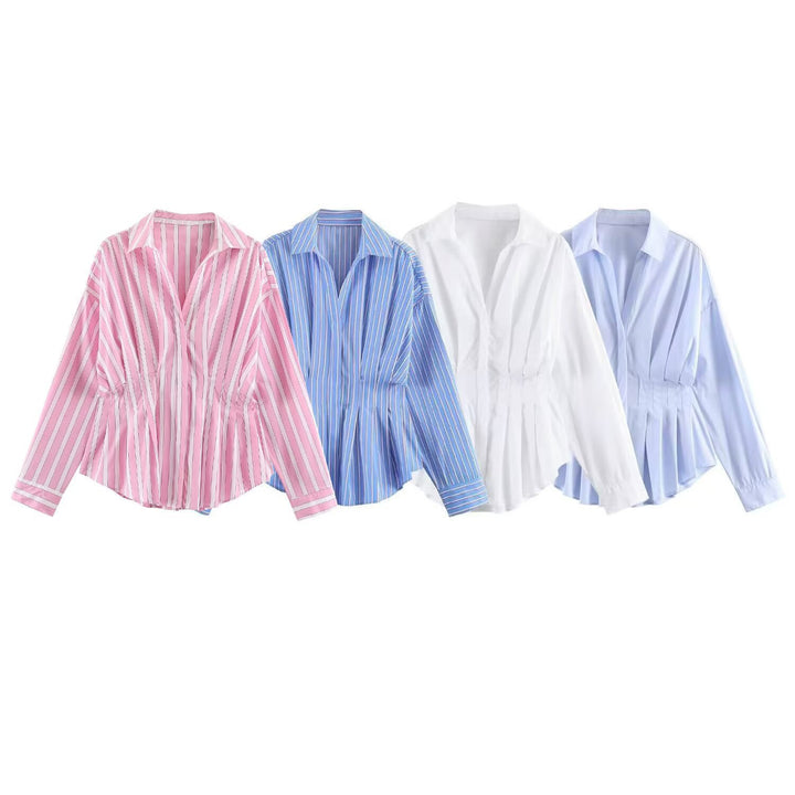 Women Striped Oversized Blouse with Tailoring Gatherings and Shirt Collar Mune Fashion